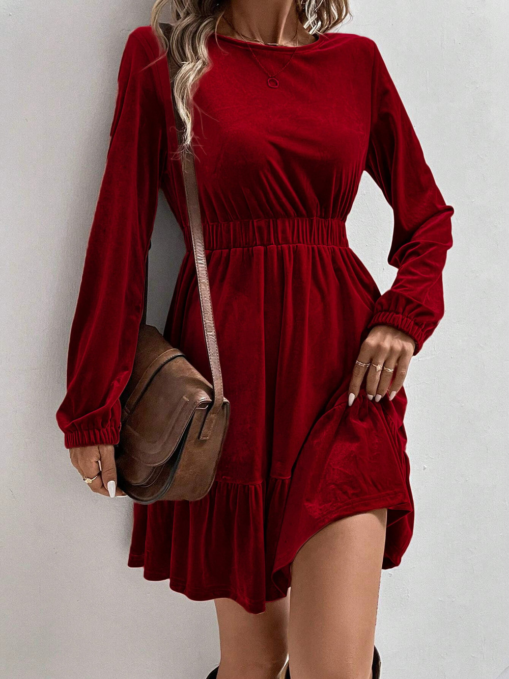 ZARA Spring Summer Velvet Long Sleeve Elastic Waist Midi Dress